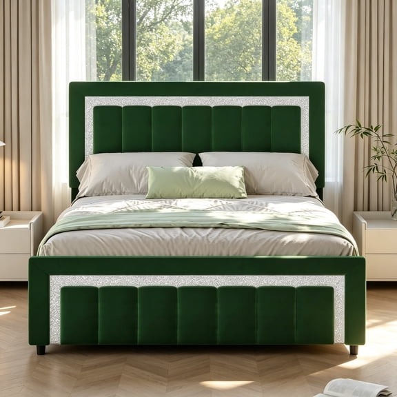 4 EVER WINNER Queen Bed Frame with Headboard, Velvet Upholstered Platform Bed Frame Queen Size with Diamond Headboard & Footboard, Wooden Slats Support, No Box Spring Required, Easy Assembly, Green