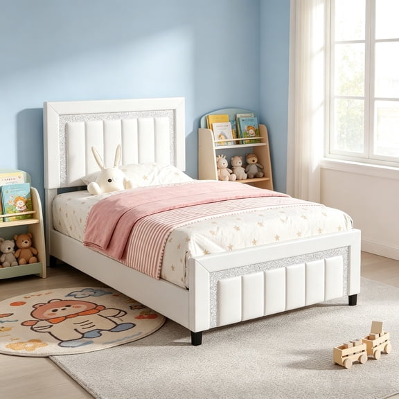 4 EVER WINNER Twin Bed Frame, Velvet Upholstered Bed Frame with Diamond Headboard, White Bed Frame Twin Size, White