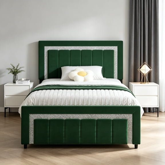 4 EVER WINNER Twin Bed Frames, Twin Size Bed Frame with Diamond Velvet Design Headboard and Footboard, Upholstered Bed Frame with Wooden Slats Support, No Box Spring Needed, Easy Assembly, Green