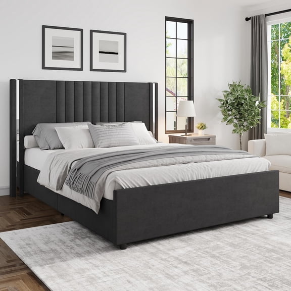 4 Ever Winner Gray Full Bed Frame, Velvet Upholstered Platform Bed with Channel Tufted Headboard, Chrome-Look Finish Wing Edge, Wooden Slats, No Box Spring Needed, Easy Assembly