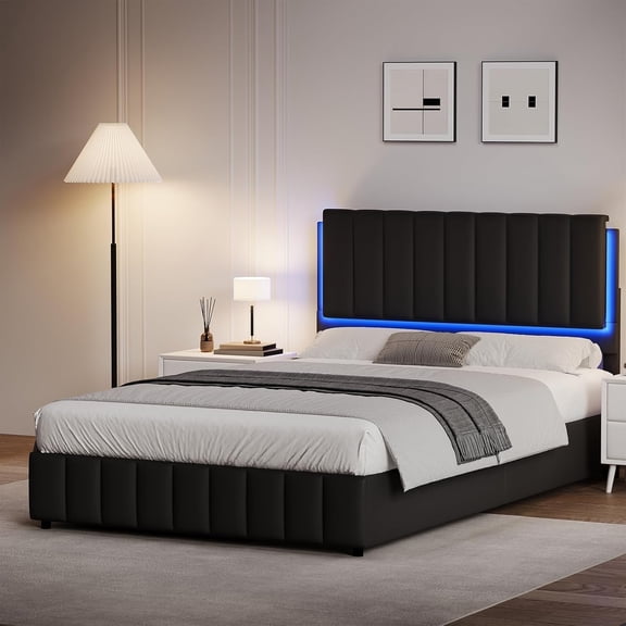 4 Ever Winner Full Size Bed Frame with LED Lights, Faux Leather Upholstered Platform Bed with Headboard and Wooden Slats Support, No Box Spring Needed, Noise-Free, Easy Assembly, Black