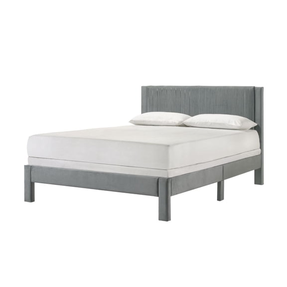 Full Bed Frame Upholstered Headboard - Light Gray Ribbed Bed - Contemporary Platform Bed - Low Profile Bedroom Furniture