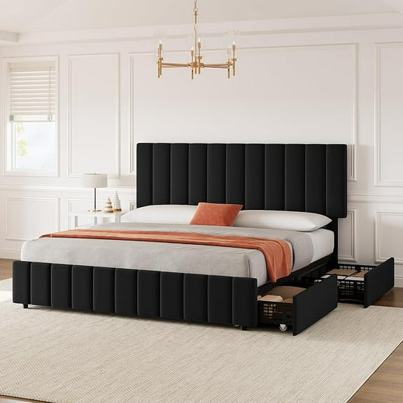 Full Bed Frame Upholstered Platform Bed with 4 Storage Drawers, Large Storage Space, Strong Wooden Slats, Non-Slip and Noise-Free, No Fixed Headboard, No Box Spring Needed