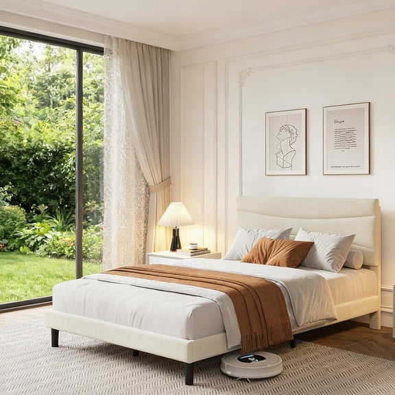Full Bed Frame, Upholstered Platform Bed with Headboard, Strong Wooden Slats Support, Noise-Free Mattress Foundation, No Box Spring Needed, Easy Assembly, Beige-Without Drawer