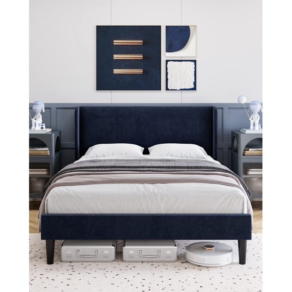 Full Bed Frame, Upholstered Platform Bed with Wingback Headboard, Velvet Upholstered Bed Frame with 2 Storage Pockets, Strong Wooden Slat Support, Easy Assembly, Box Spring Optional, Blue