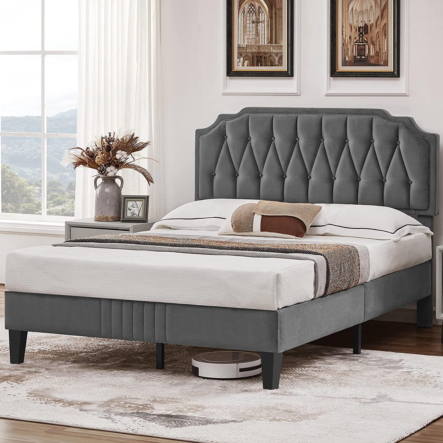 Full Bed Frame Velvet Upholstered Platform Bed with Curved Headboard ...