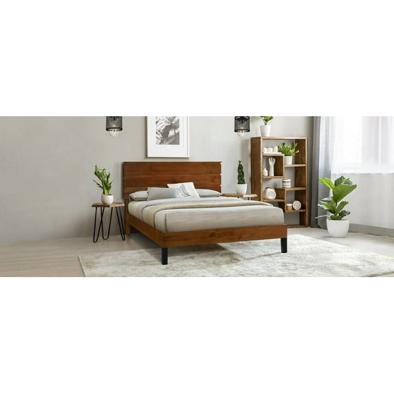 Full Bed Frame With Headboard,Three-Piece Mid-Century Modern Solid Wood Bed Frame,No Box Spring Needed Platform Bed,Brown