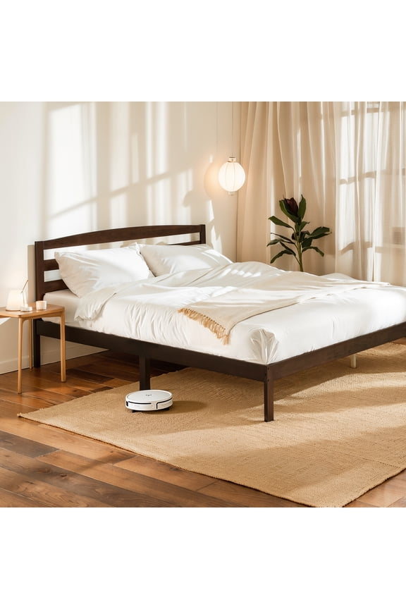Full Wood Platform Bed Frame with Headboard, Quiet Design, No Box Spring, Dark Walnut