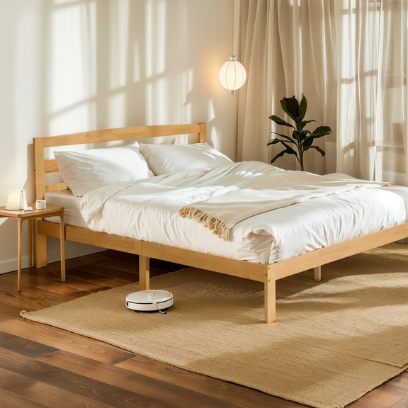Full Bed Frame, Wood Bed Platform with Headboard, No Box Spring, Natural
