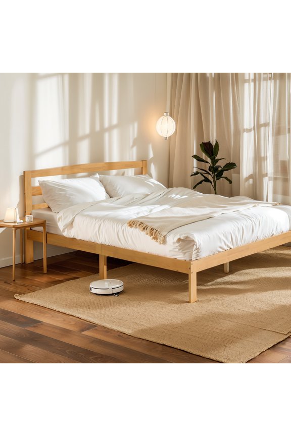 Full Bed Frame, Wood Bed Platform with Headboard, No Box Spring, Natural