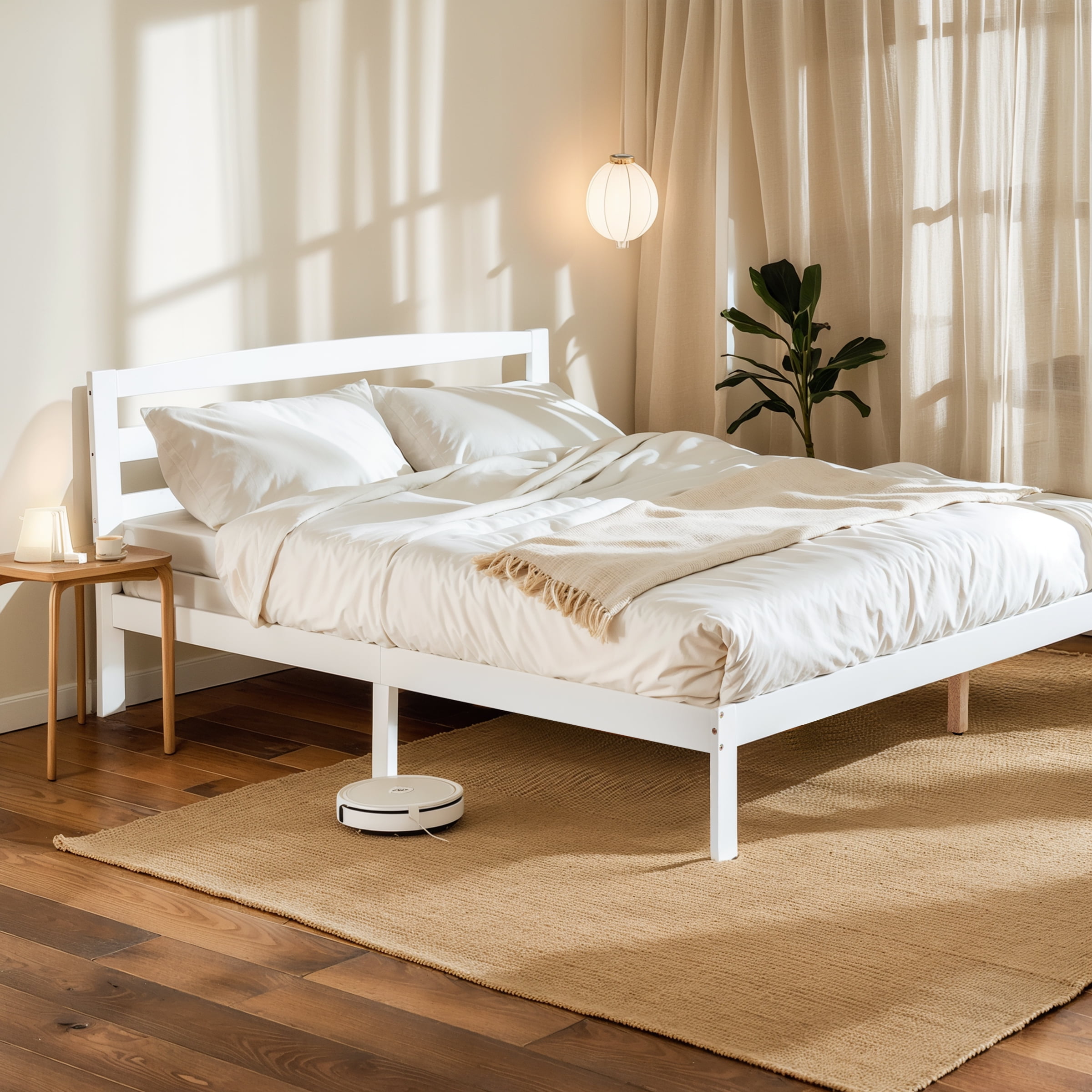 Full Bed Frame, Wood Bed Platform with Headboard, No Box Spring, White