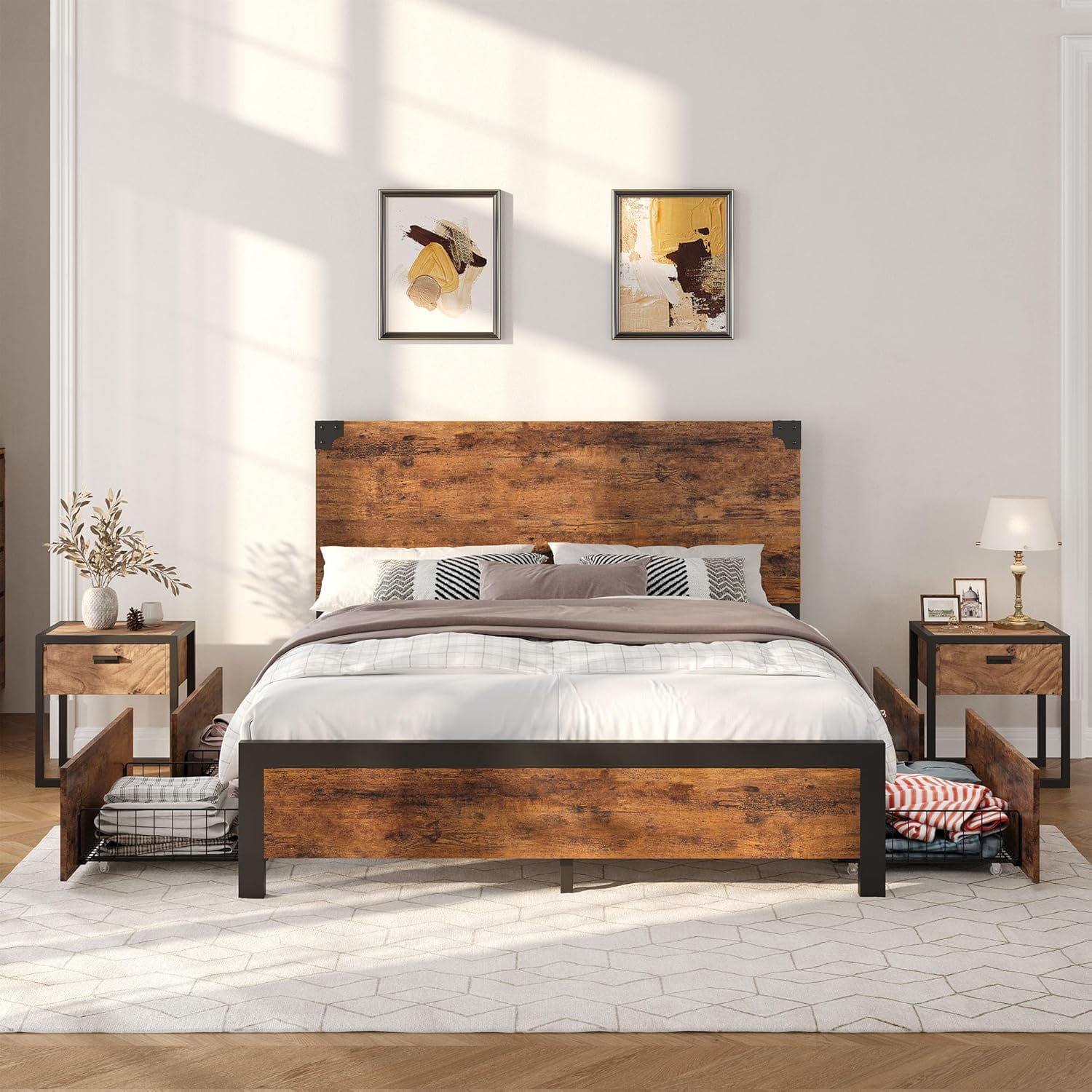 Full Bed Frame with Wooden Headboard: Spacious Platform Design with Under-Bed Storage and Metal Legs, Noise-Free Operation, No Box Spring Required, Assembly - Rustic Brown Finish