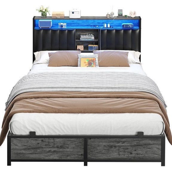 Full Bed Frame w/ Charging Station & LED Lights, Platform Bed w/ Leather Upholstered Headboard, Storage, Metal Slats, No Box Spring, Noise-Free, Black Oak