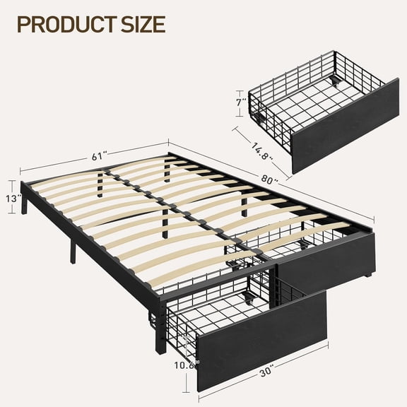 Full Bed Frame with 2 Storage Drawers, Full Size Bed Frame Without Fixed Headboard, Wooden Slats, Noise , No Box Spring Needed, Black
