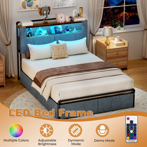 Pikvki Full Bed Frame with 2 Storage Drawers, Metal Platform Bed Frame with 2-Tier Storage Headboard, Charging Station & LED, Gray