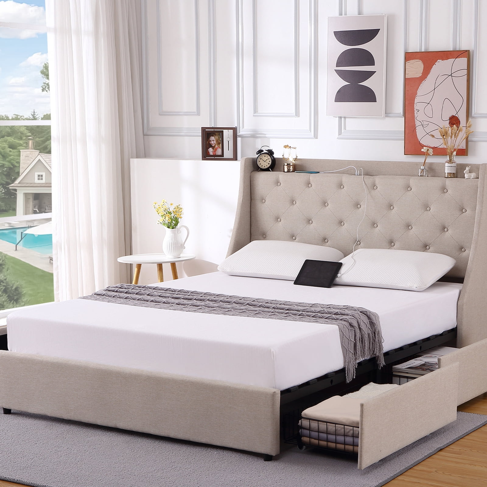 Full Bed Frame with 4 Storage Drawers, Charging Station and Tufted ...