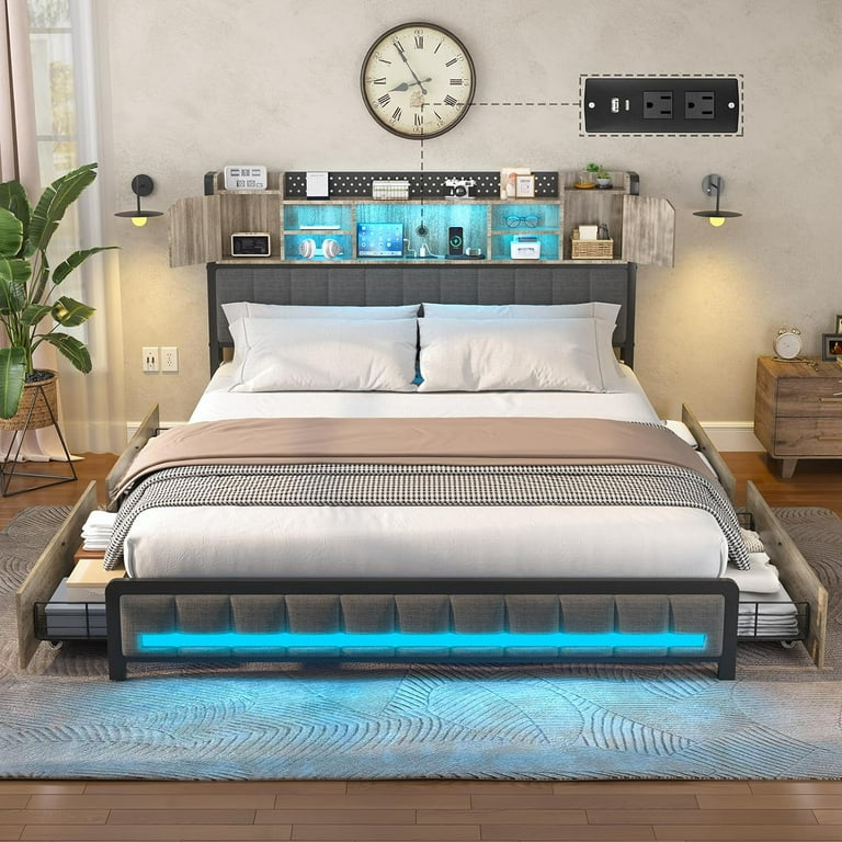 Full Bed Frame with 4 Storage Drawers and Bookcase Headboard LED Bed Frame