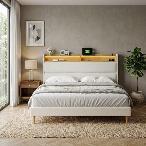 Full Bed Frame with 51.8" Wingback Storage Headboard, Beige Upholstered Platform Bed with USB-C Charging Station, LED Lights, No Box Spring Needed