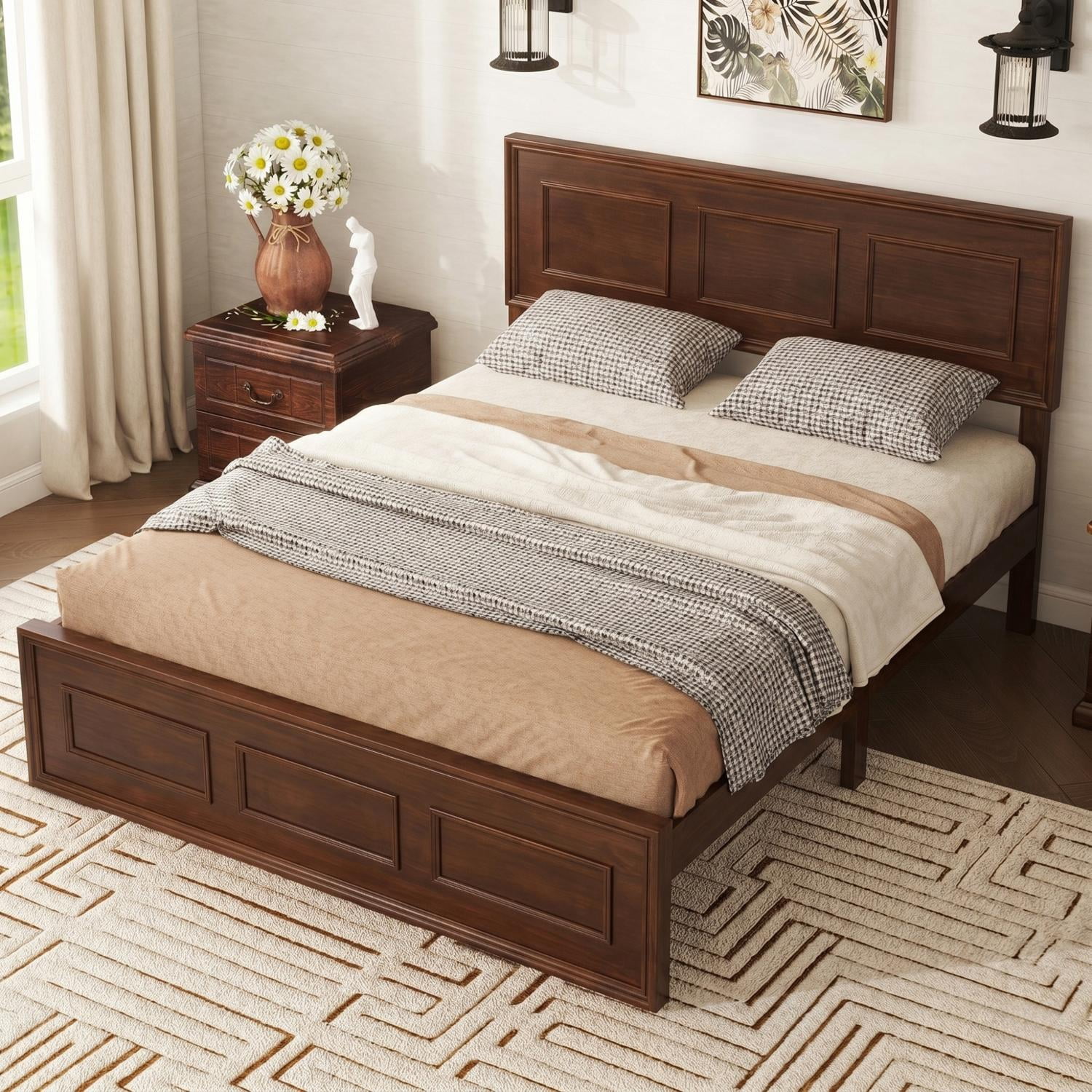 Full Bed Frame with Adjustable Height Headboard and Geometric Panel Design, Wood Platform Bed and Mattress Foundation with Strengthened Frame, Walnut