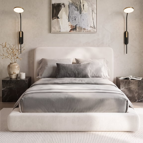 Full Size Cloud Bed Frame, White Upholstered Platform Bed Frame, Bed Base | 5" Thick Padded Headboard, No Box Spring Needed, Heavy Duty Steel, Cream