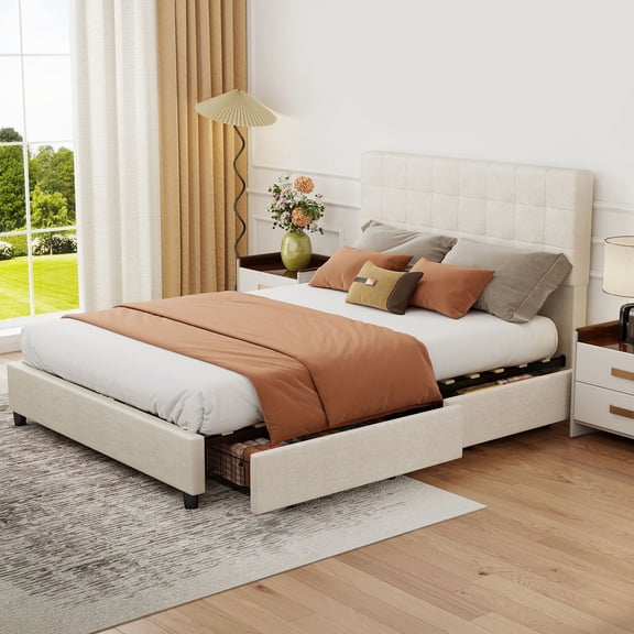 Full Bed Frame with Headboard Upholstered Full Size Bed with Storage Drawers 4 Spacious Drawers Smooth Wheels Extra Metal Support Legs for Bedroom