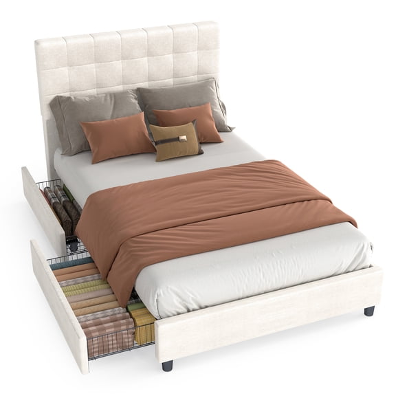 Full Bed Frame with Headboard Upholstered Full Size Bed with Storage Drawers 4 Spacious Drawers Smooth Wheels Extra Metal Support Legs for Bedroom
