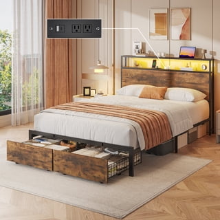 Full Bed Frame with Headboard and Storage,2-Tier Storage Headboard & Foot-Board Drawers, Rustic Brown
