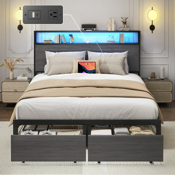 Full Bed Frame with Headboard and Storage, 2-Tier Storage Headboard & Foot-Board Drawers, Rustic Grey
