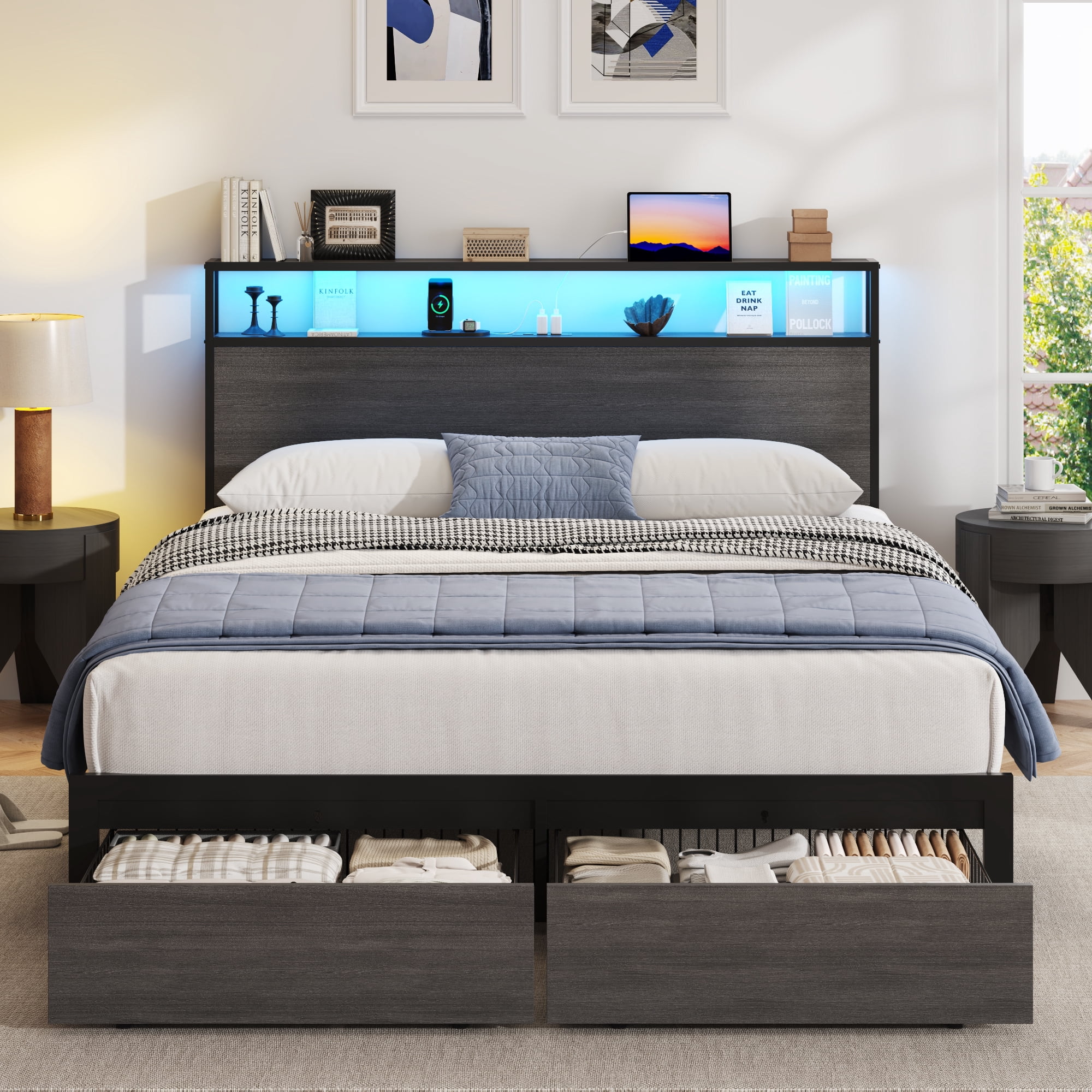 Lifezone Full Size Bed Frame with Storage Headboard & Footboard Drawers, Rustic Grey
