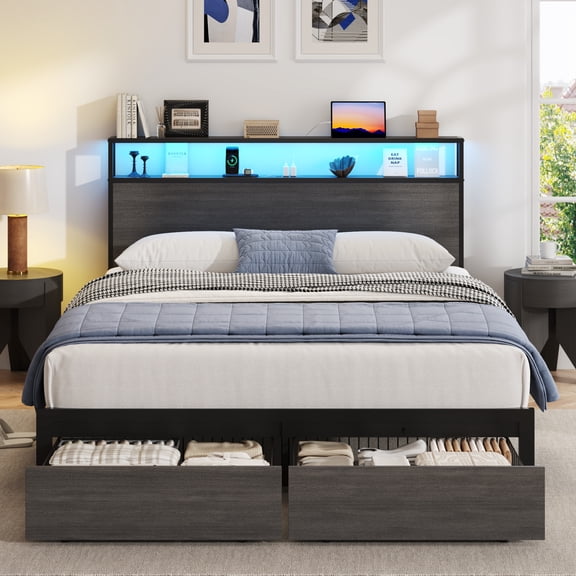 Lifezone Full Size Bed Frame with Storage Headboard & Footboard Drawers, Rustic Grey