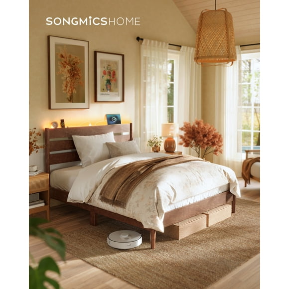 Full Bed Frame with LED Headboard & Charging Station - Solid Wood Platform, Mid-Century Modern, No Box Spring Needed, Coffee Brown