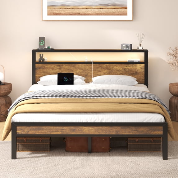 Full Bed Frame with LED and Charging Station, Metal Platform Bed with Storage Headboard, Brown