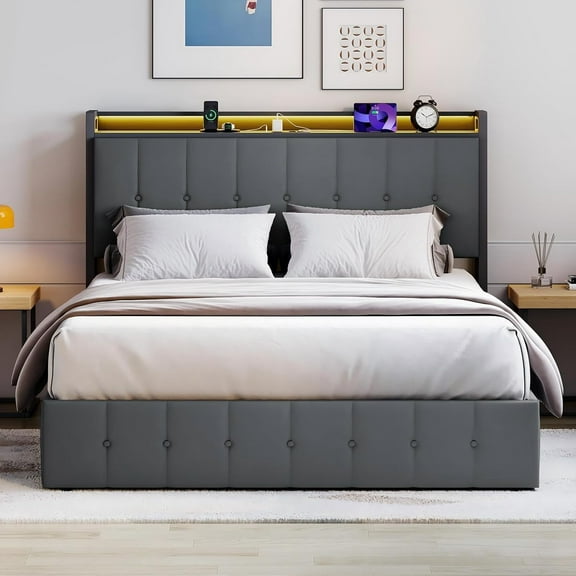 Full Bed Frame with Lift Up Storage, Upholstered Velvet Bed with LED Lights & Power Outlets, Hydraulic Support, No Box Spring Needed, Grey