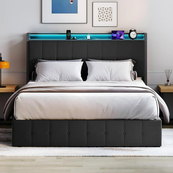 Full Bed Frame with Lift Up Storage, Upholstered Velvet Bed with LED Lights & Power Outlets, Metal Hydraulic Support, No Box Spring Needed, Black