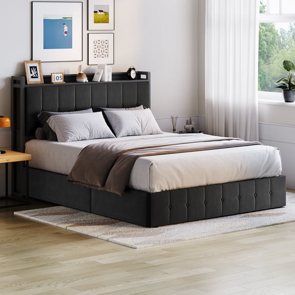 Full Bed Frame with Lift Up Storage, Upholstered Velvet Platform Bed with Storage Headboard & Button Tufting, No Box Spring Needed, Black