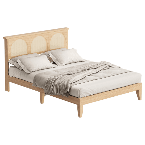 Full Bed Frame with Natural Rattan Headboard, Light Oak Bedframe Platform with Strong Wooden Slats Support, with LED Lights, No Box Spring Needed
