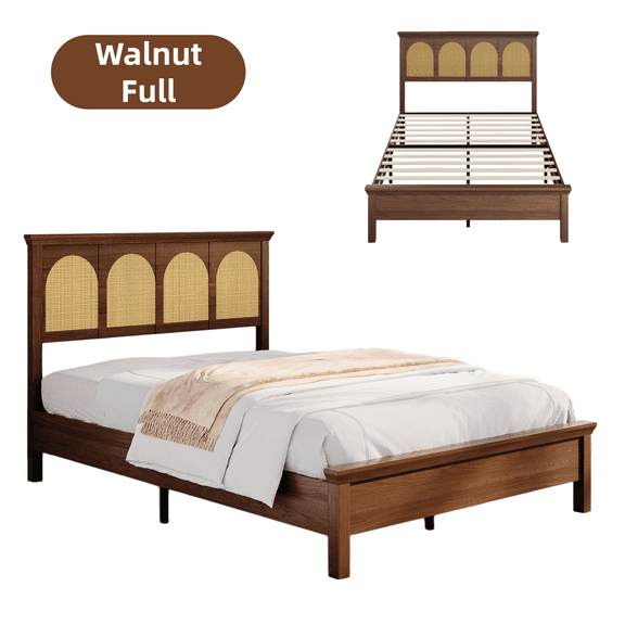 Full Bed Frame with Rattan Headboard, Bohemian Rustic Platform Bed, No Box Spring Needed, Easy Assembly