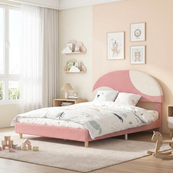 Full Bed Frame with Round Boucle Headboard, Upholstered Soft Modern Bed with Wooden Slats Support, Arch Design, Easy Assembly,Pink/Beige
