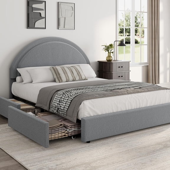 Full Bed Frame with Storage Drawers, Grey Boucle Upholstered Platform Bed, Round Headboard, Heavy-Duty, Noise-Free, No Box Spring Needed