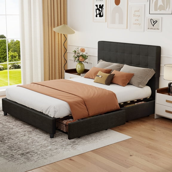 Full Bed Frame with Storage Drawers, Soft Padded Vertical Channel Headboard Modern Full Size Bed with Sturdy Slats for Bedroom