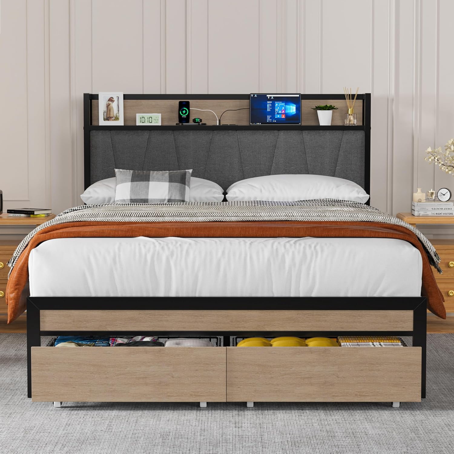 Full Bed Frame with Storage Drawers, Upholstered Headboard with Storage ...