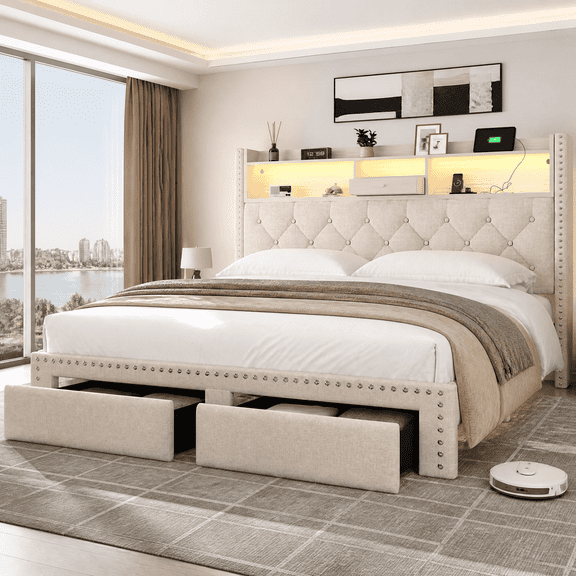 Full Bed Frame with Storage Headboard, Built-in Charging Station & 2 Storage Drawers, Beige Fabric Platform Bed
