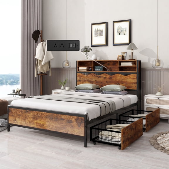 Full Bed Frame with Storage Headboard & USB Ports, Metal Platform Bed