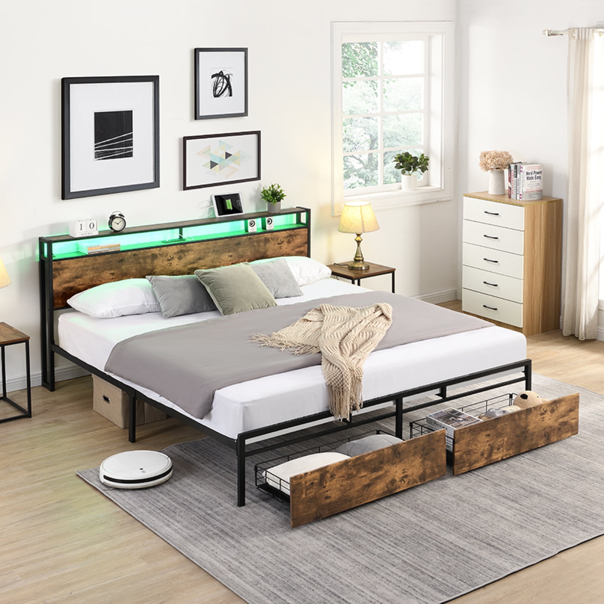 Full Bed Frame with Storage Headboard with Charging Station,Noise Free, No Box Spring Needed, Easy Assembly,Dark Brown