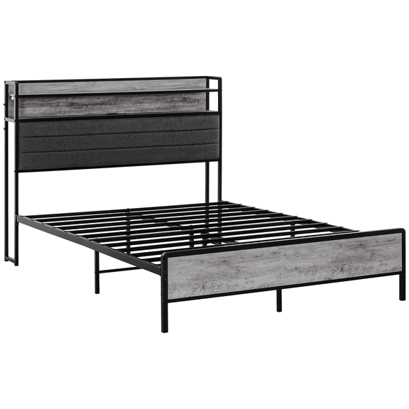 Full Bed Frame with Storage & LED Lights, Cement Gray - Full Size Platform Bed with Headboard, Charging Station, RGB Remote Control