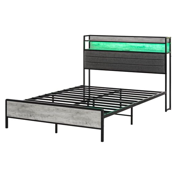 Full Bed Frame with Storage & LED Lights, Cement Gray, Full Size Platform Bed with Headboard, Charging Station, RGB Remote, Under Bed Storage