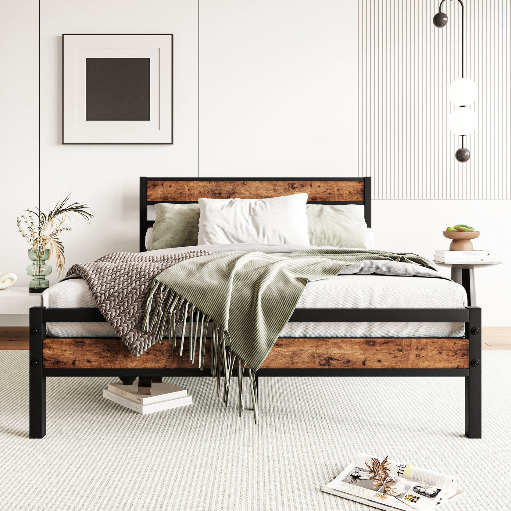 Full Bed Frame With Vintage Wood Design Metal Slats No Photo Inspiration