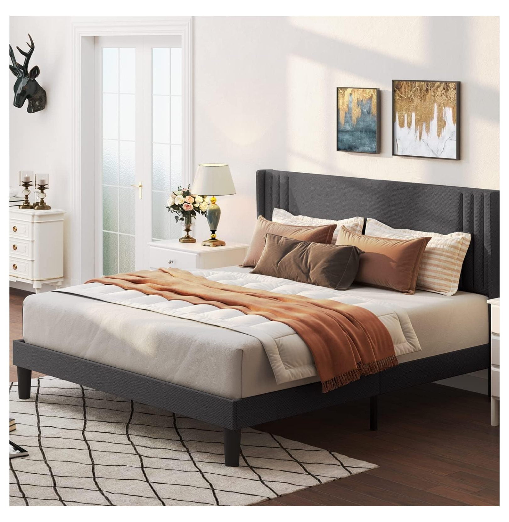 Full Bed Frame with Wingback Headboard, Upholstered Platform Bed with ...