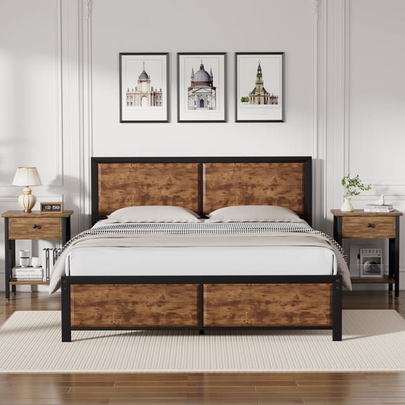 Full Bed Frame with Wood Headboard, Heavy-Duty Metal Platform, No Box Spring Needed, Storage Space, Easy Assembly