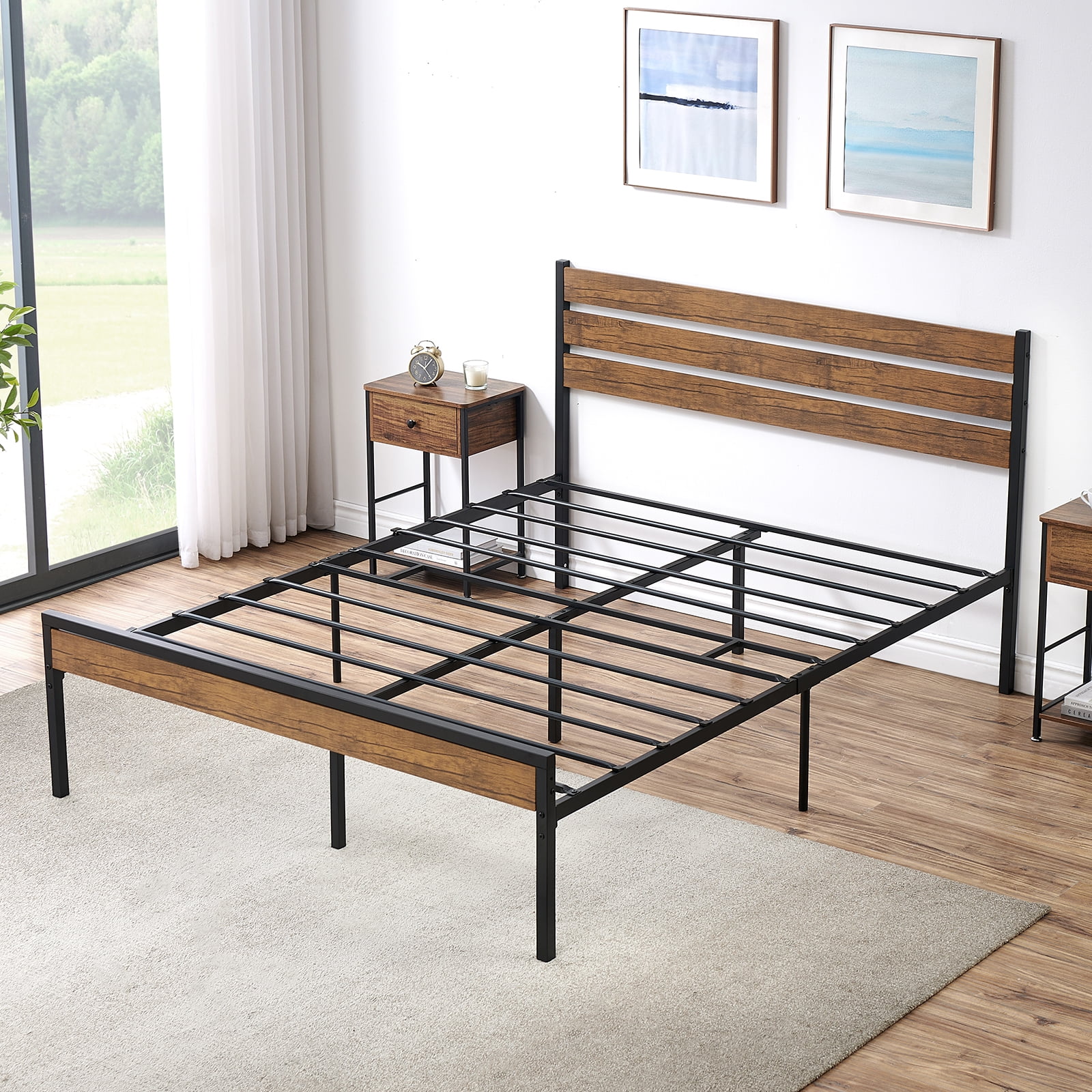 Full Bed Frame with Wood Headboard and Metal Slats Support Platform Bed Frame with Storage No Box Spring Needed